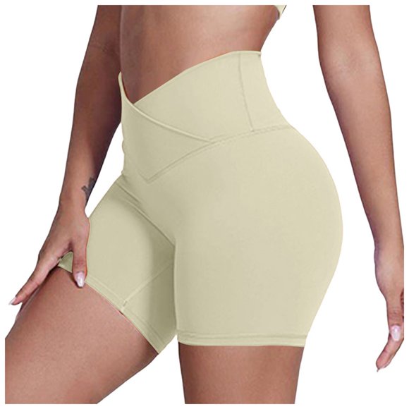 Yammkia Summer Clothes for Women Womens Biker Shorts with Pocket High Waisted Tummy Control Spandex Yoga Workout Shorts Beige,XL