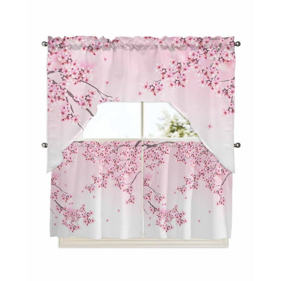 Pink Flowers Kitchen Curtains Swag Valance and Tier Curtains Set 24 Inch Length, Spring Botanical Floral Branches Gradient Rod Pocket Drape Panels Pair Swag Curtains for Bathroom/Cafe/Window