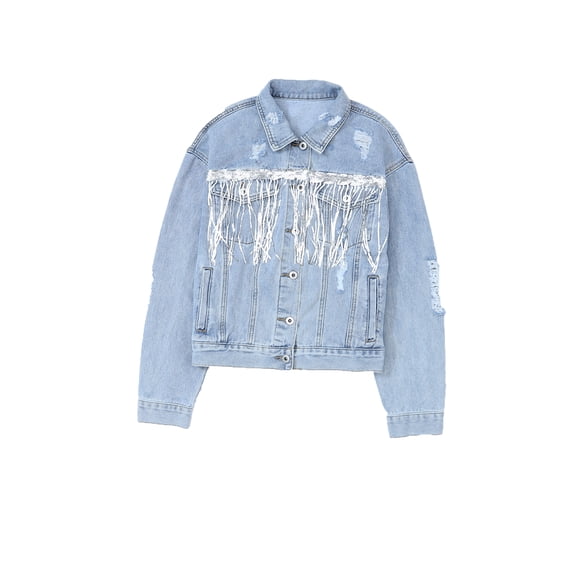 Women's Sky Blue Sequin Fringe Denim Jacket – Trendy Distressed Style for Everyday Wear, (US 16-18)XL