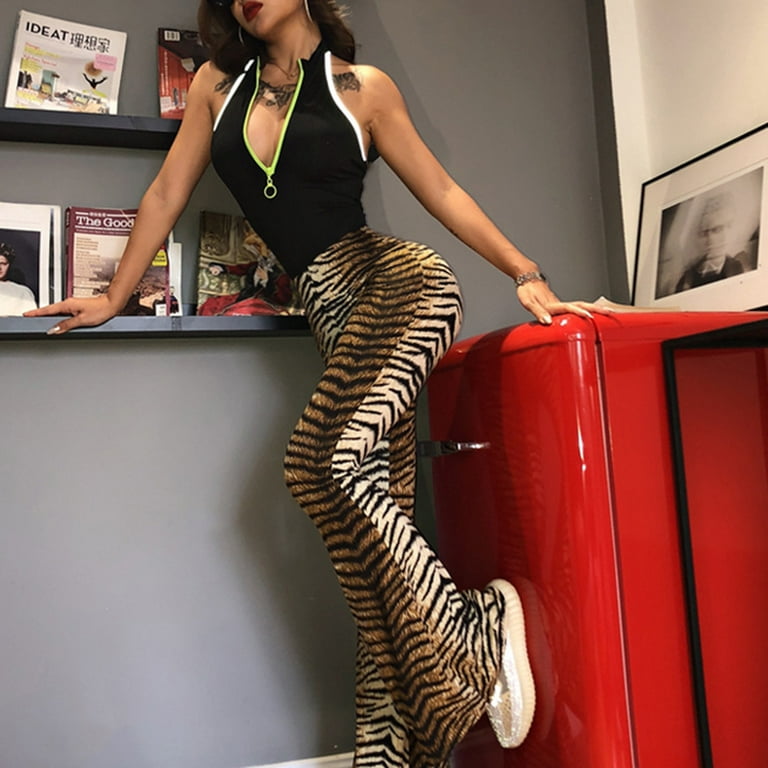 Women High Waist Flare Pants Leopard Plaid Wide Leg Bell Bottom
