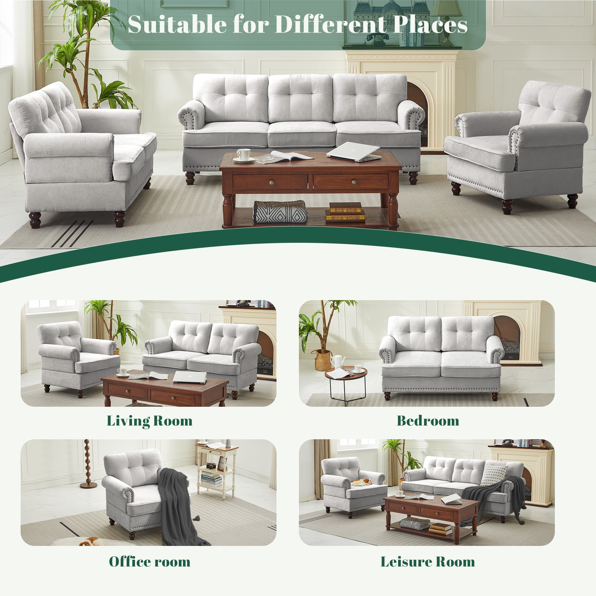 JUSTLET 3 Piece Living Room Sofa Set, Chenille Upholstered Sectional Sofa Couch with Nailhead Trim, Including 3-Seater Sofa, Loveseat and Single Sofa Chair for Apartment Living Room, Light Gray