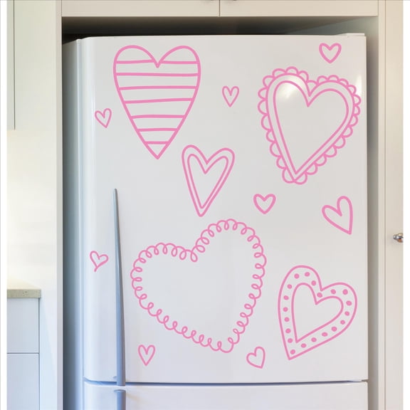 Hand Drawn Hearts Valentine’s Day Decals and Decor Vinyl Lettering Decal Stickers Self Adhesive - Sizes Range from 6”-17” - Qty: 14 - Color: Pink
