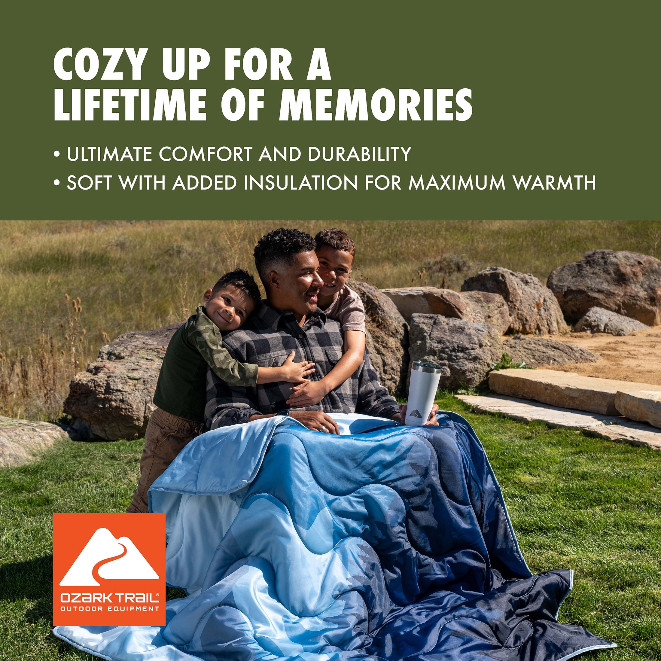 Ozark Trail Packable Blanket, 70" x 60" in Blue Mountain Scene Design for Camping/Travel/Picnics