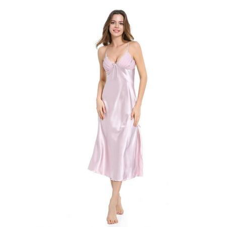 Women Summer Sexy Satin Lace Long Nightgown Slip Lingerie Chemise Robe Color: Pink Size:XXL