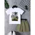 thumbnail image 4 of Mikrdoo Big Boys 2-Pieces Summer Clothes Hawaii Style Coconut Tree Graphics Knit Short Sleeve Casual Tee Elastic Shorts Set 7-8 Years White, 4 of 11