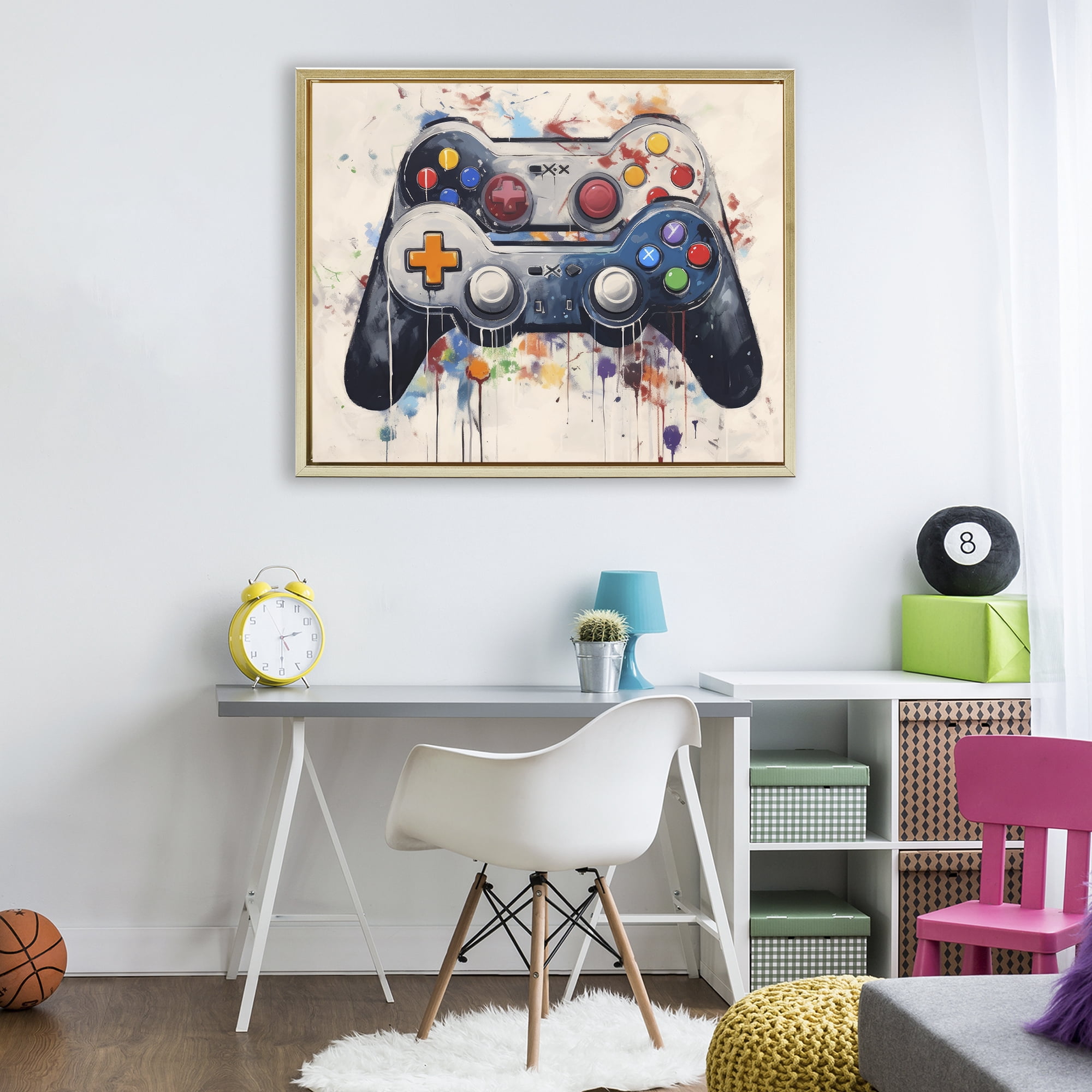Stupell Industries Joystick Journeys Controller Duo Gold Framed Floater Canvas Wall Art, design by Lazar Studio