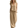 thumbnail image 5 of mihongmao 80s Outfit for Ladies Date Night Sets Women's Casual Summer Beach Loose Two Piece Outfit Sleeveless V Neck Ruffle Top Wide Leg Pants Set Khaki 2X, 5 of 9