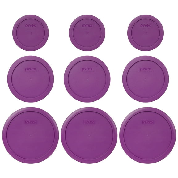 Pyrex (3) 7200-PC 2-Cup, (3) 7201-PC 4-Cup, and (3) 7402-PC 6/7-Cup Thistle Purple Lids