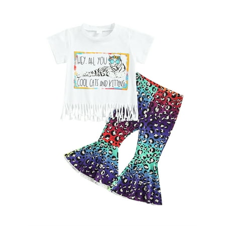 

Canrulo Girls Sisters Matching Clothes Outfits New Year Tiger Letter Tassel Tops + Leopard Shorts Headband/Flare Pants Set Big Sister 1-2 Years