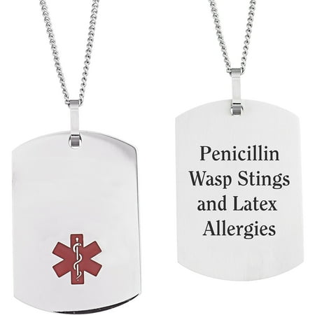 Personalized Stainless Steel Medical ID Dog Tag Pendant, 19.5"