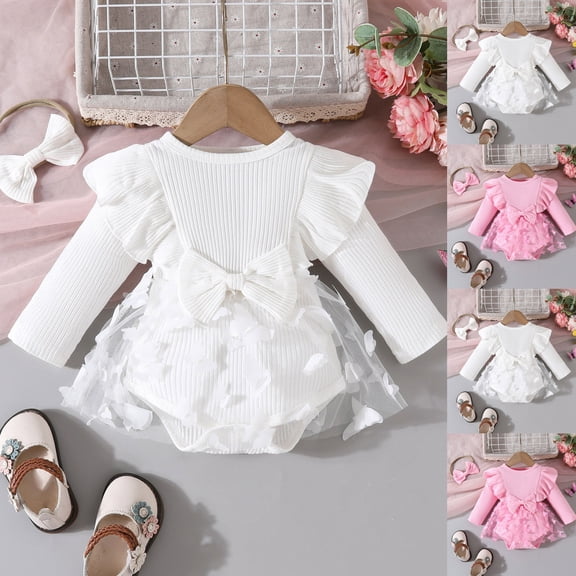 JSGEK Toddler Baby Girl Long Sleeve Fall Dress Flower Lace First Birthday Baptism Christening Dresses Outfit Pink 0-3 Months