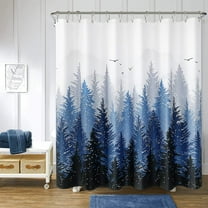 Blue Forest Shower Curtain Misty Mountain Nature Tree Fabric Shower Curtains for Bathroom Water Repellent Heavy Duty Navy Blue and Grey Woodland Shower Curtain Bathtubs Hotel, 72 x 72 inch