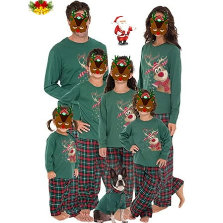 

Sunisery Family Matching Christmas Pajamas Set Reindeer Print Long Sleeves Tops with Plaid Pants Loungewear Sleepwear