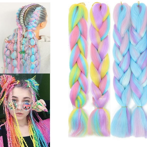 Colorful Hair Extensions 4 PACK, Upgrade 8 colors 24" Long Braiding Hair Synthetic Hair Extensions Braid Synthetic Fiber Hair for Women Girl
