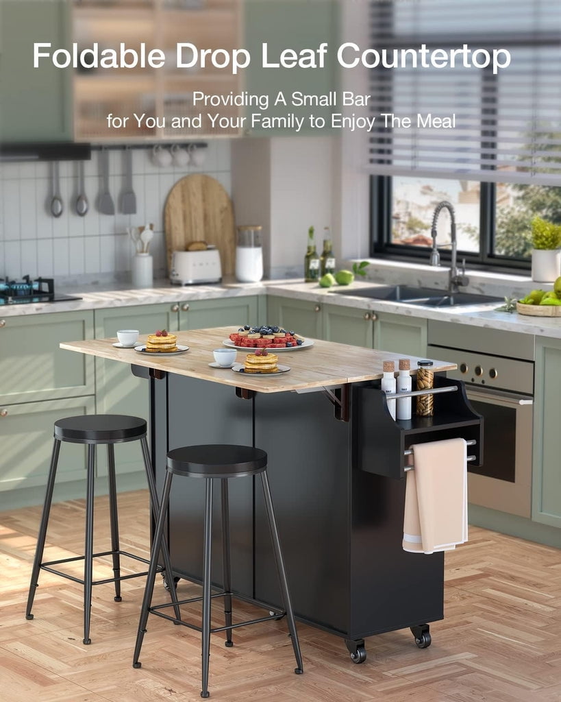 Aiho Kitchen Island with Storage, Mobile Kitchen Island Side Table on Wheels with Rubber Wood Drop-leaf Countertop , Side Rack and Drawer and for Kitchen,Dining Room - Black