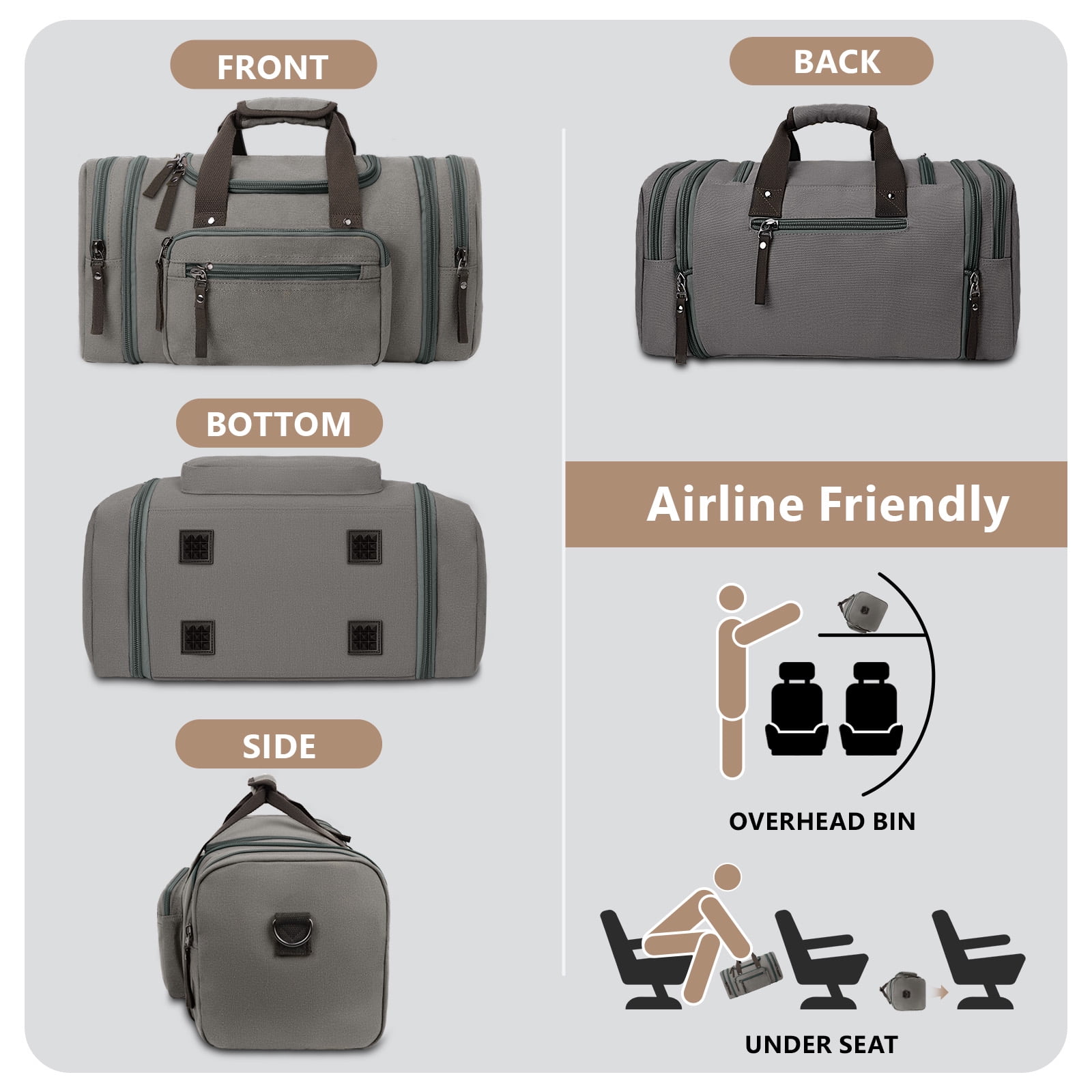 DAKOMM Canvas Duffle Bag 50L, Duffle Bag for Travel Expandable Duffel Bags Waterproof Weekender Overnight Travel Bag Gym Carry On Luggage Bag for Men & Women (Gray)