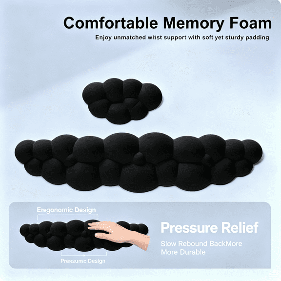 Black Cloud Keyboard Wrist Rest Set,Cloud Wrist Rest with Non-Slip Base,PU Leather Wrist Pad for Keyboard with Ergonomic Memory Foam for Computer Laptop Office Gaming and Pain Relief