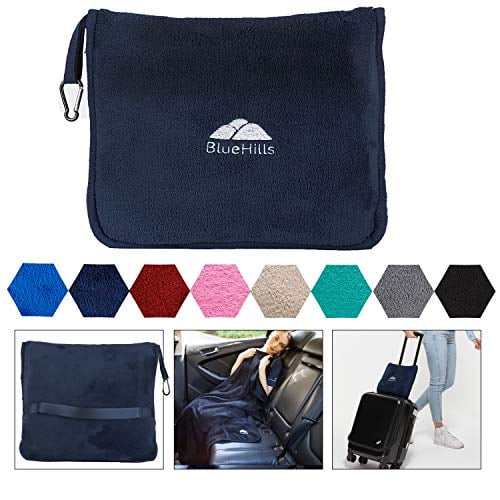 Black T008 BlueHills Premium Soft Travel Blanket Pillow Airplane Blanket Packed in Soft Bag Pillowcase with Hand Luggage Belt and Backpack Clip Compact Pack Large Blanket for Any Travel 