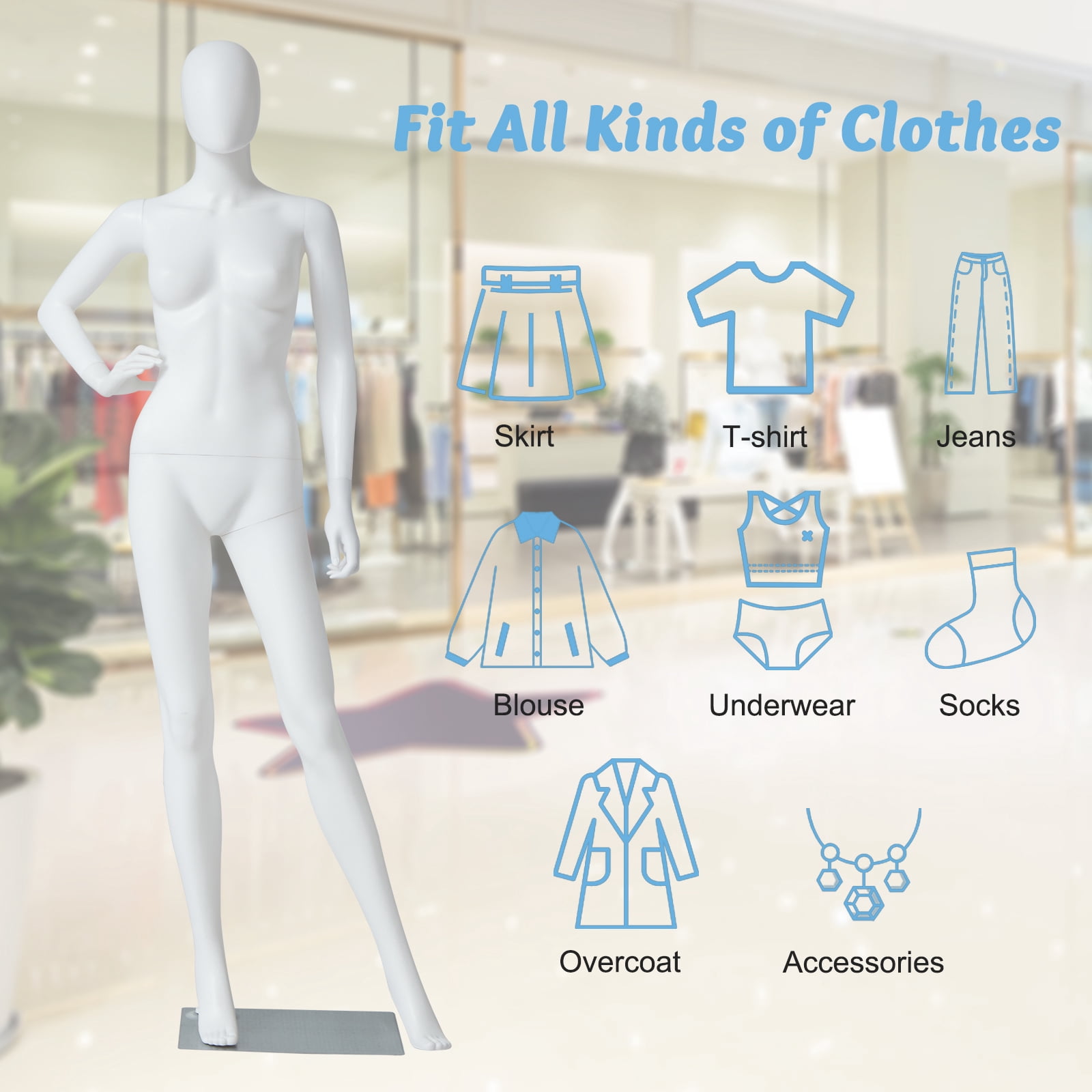 Kinbor 70Inch Full Body Female Mannequin Dress Form Adjustable with Metal Base for Retail Clothing Shops White