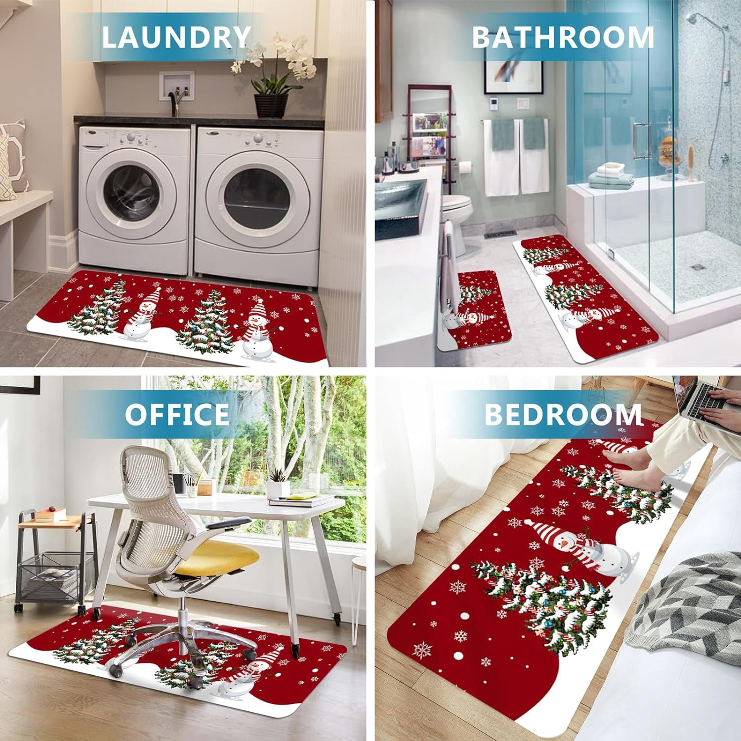 Winter Cartoon Snowman Kitchen Rugs and Mats Non Skid Washable Floor Doormat, Christmas Tree Colorful Balls 2 Piece Comfort Sink Standing Rug Area Runner Non-Slip Rubber Backing Mat Snowflakes on Red
