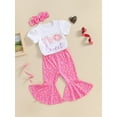 thumbnail image 4 of Musuos Toddler Girls Outfit, 1-3 Years Short Sleeve Crew Neck Letters Donut T-shirt with Flare Pants Headband Summer Outfit, 4 of 9