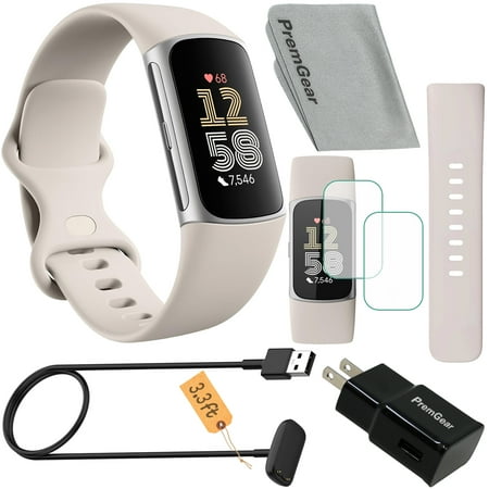 Fitbit Charge 6 Fitness Tracker Watch (White) Bundle with 2 Watch Bands, 3.3foot Charge Cable, Wall Adapter, 2 Screen Shields & Cloth