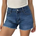 thumbnail image 2 of Women Mid Rise Jeans Shorts Frayed Raw Hem Summer Stretchy Casual Denim Shorts, 2 of 6