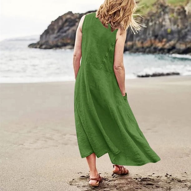Summer Long Dresses Midi Dresses for Women Casual Midi Dress plus Size  Womens Solid Color Round Neck Pockets plus Summer Dress for Women plus Size  Casual Dress Women Cotton Mod Dresses for
