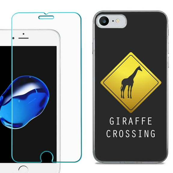 For Apple iPhone 7 / iPhone 8 Case, Slim-Fit TPU Phone Case, with Tempered Glass Screen Protector, by OneToughShield ® - Road Sign Giraffe