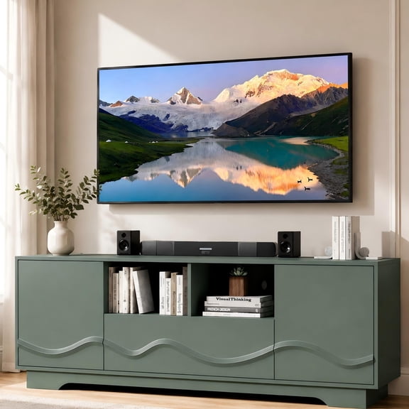 WARAYZ Farmhouse Television Stand for TVs up to 65", with Cabinets, Shelves & Drawer, Green