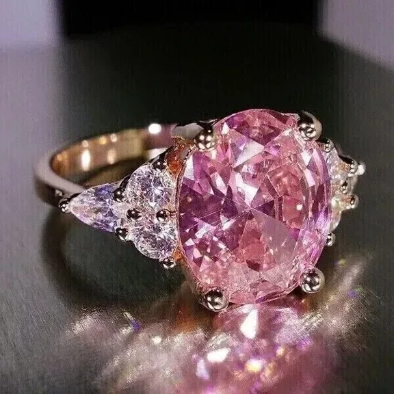 4.25 Ct Oval Cut Lab Created Pink Sapphire Engagement Ring In 14K Rose Gold Plated