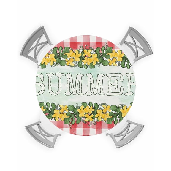 nqOlkjepod Summer Flowers Round Tablecloth, Fitted Table Cover with Elastic for 55"-60" Round Tables, Leaves Red Plaid Country Retro Farm Table Cloth Outdoor Dinning Party Waterproof Tablecloths