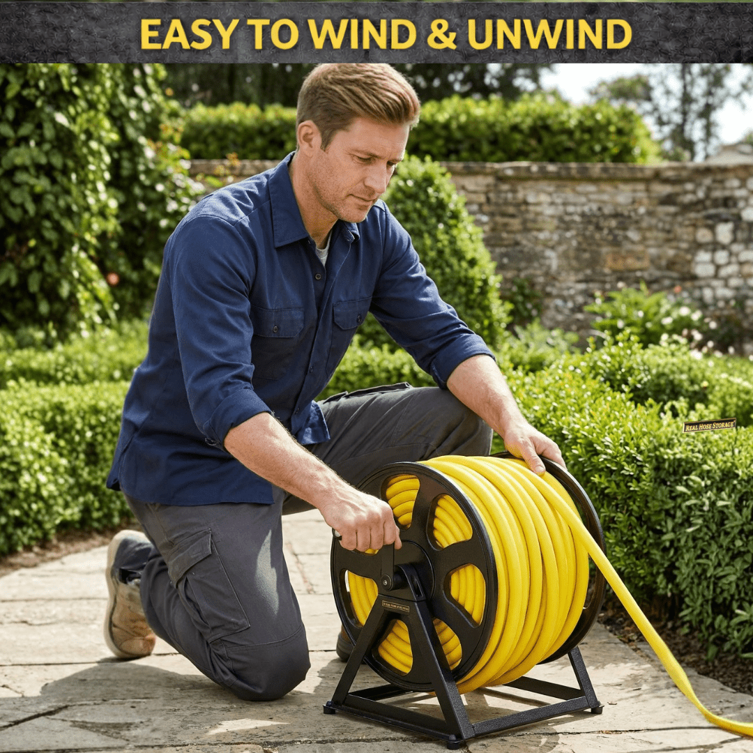 Dual Floor and Wall Mounted Garden Hose Reel, Holds 200ft of Water Hose, Heavy Duty Metal Hose Reel, Space Saving Hose Reel Organizer for Yard, Garage & Shed (Black)