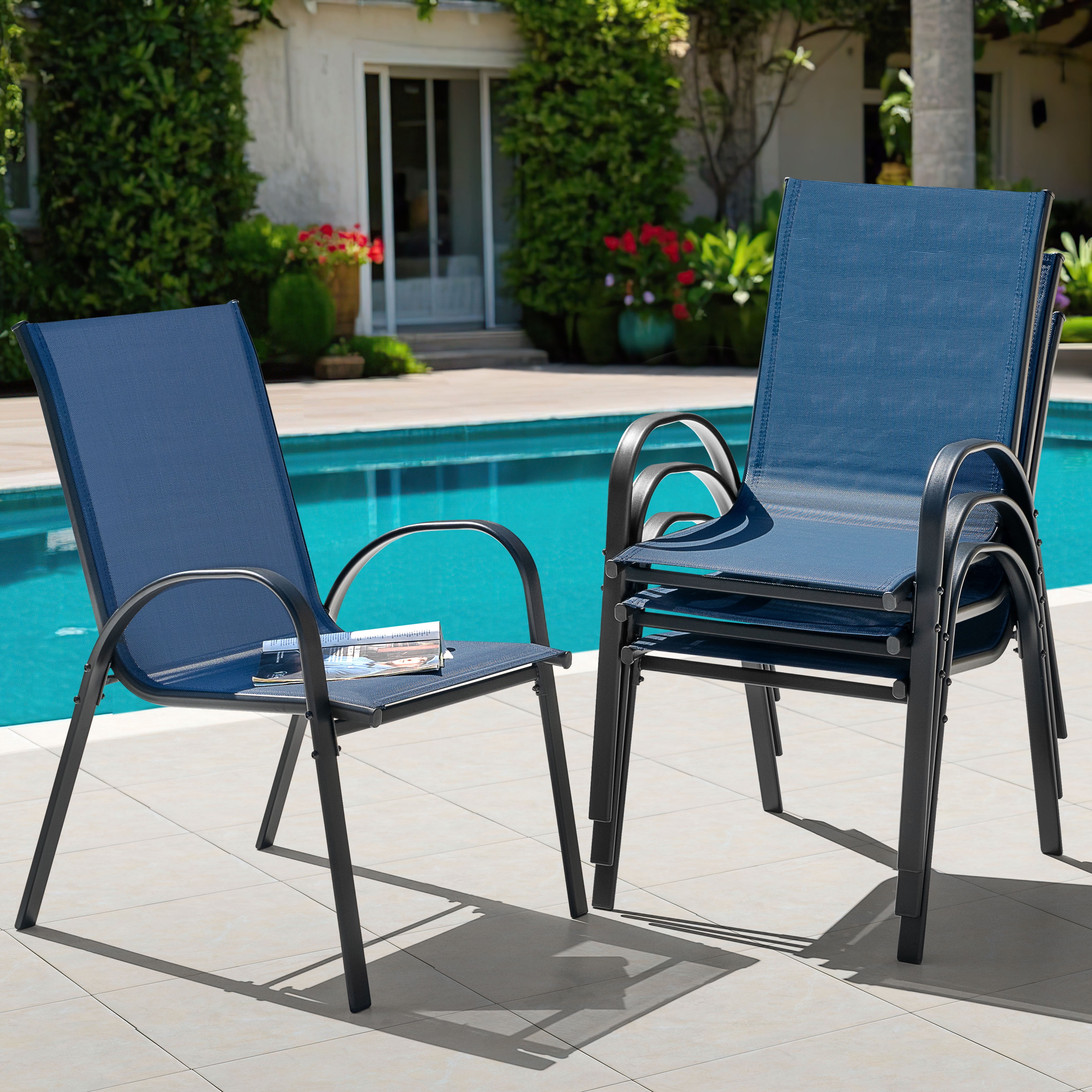 Nuu Garden Patio Chairs Set of 4, Outdoor Stackable Dining Chairs for All Weather, Breathable Textilene Outdoor Chair Set with Armrests for Backyard Porch Poolside Garden, Blue and Black