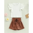 thumbnail image 3 of Arvbitana 2Pcs Toddler Baby Girls Summer Outfits Ruffle Short Sleeve Ribbed T-Shirt Tops High Waist Pu Leather Shorts Set, 3 of 9