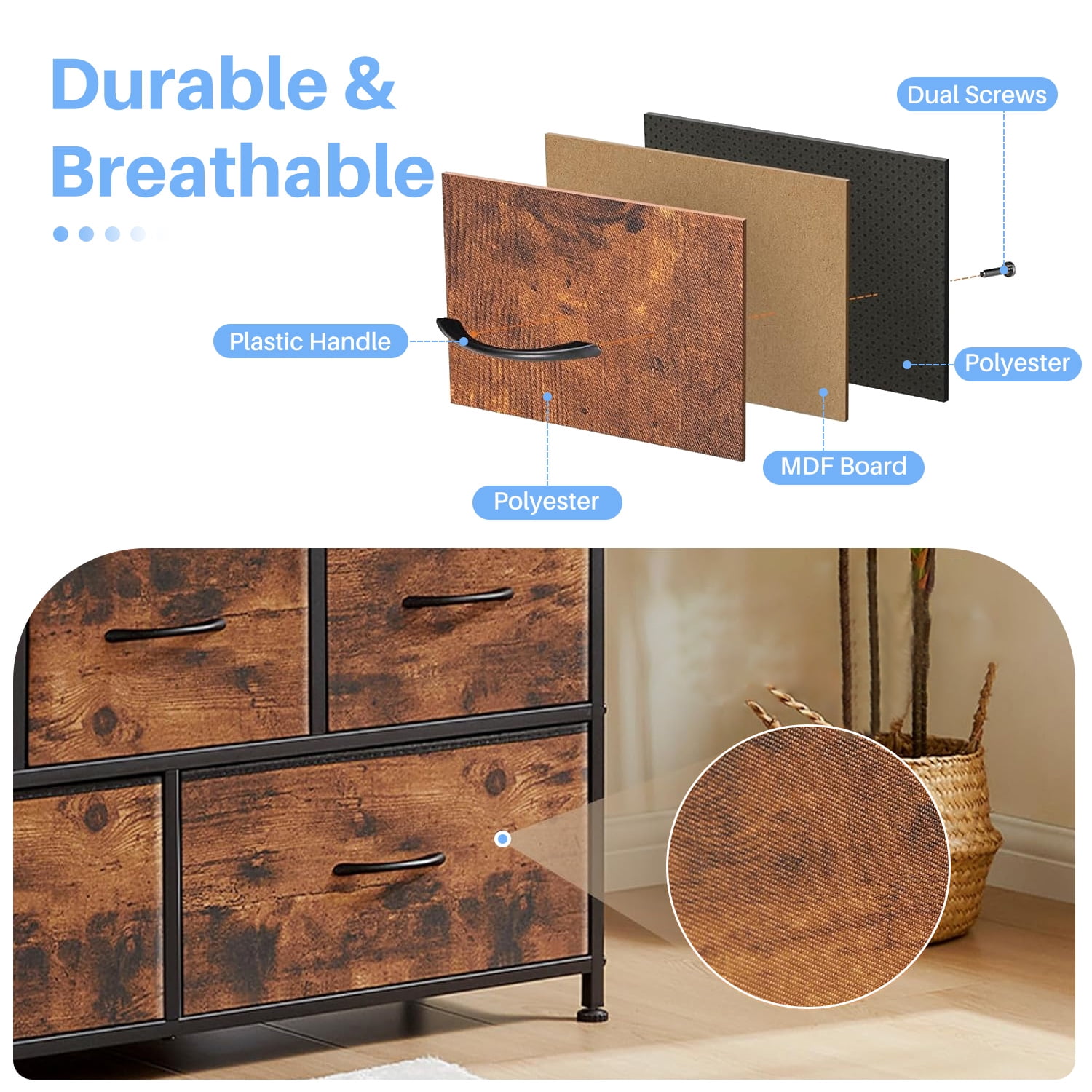 Simenmax 5 Fabric Drawer Dresser TV Stand for Bedroom, Entertainment Center for 45 Inch TV with Storage Drawer Unit, Open Shelf, Adjustable Feet, Living Room, Brown