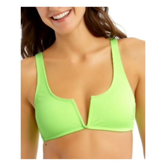 California Waves Women's Green Stretch V-Wire Tie Adjustable Ribbed Bralette Swimsuit Top XS