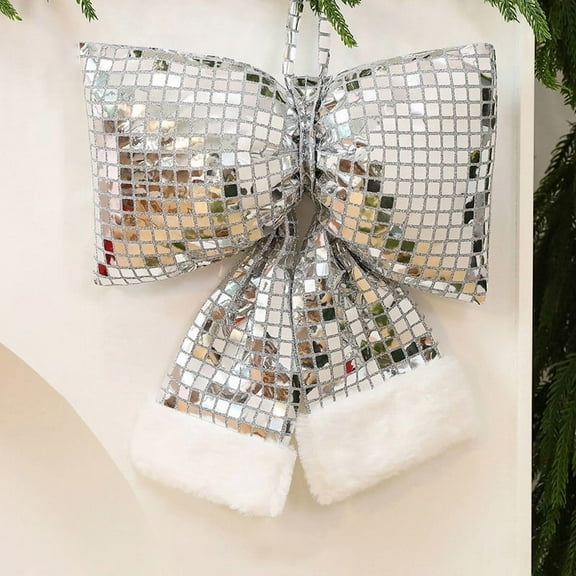KOYPTL Christmas Decorations 11*12 Inch Large Fabric Sequined Christmas Bow for Christmas Tree Glitter Silver Christmas Hanging Ornament Home Decor for Wreath Garland Gift Wrapping Wedding Party