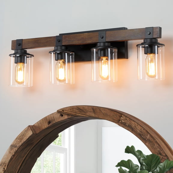 HKMGT Farmhouse Wood Bathroom Vanity Light, E26 Base, Black Industrial Wall Sconce with Clear Glass Shade
