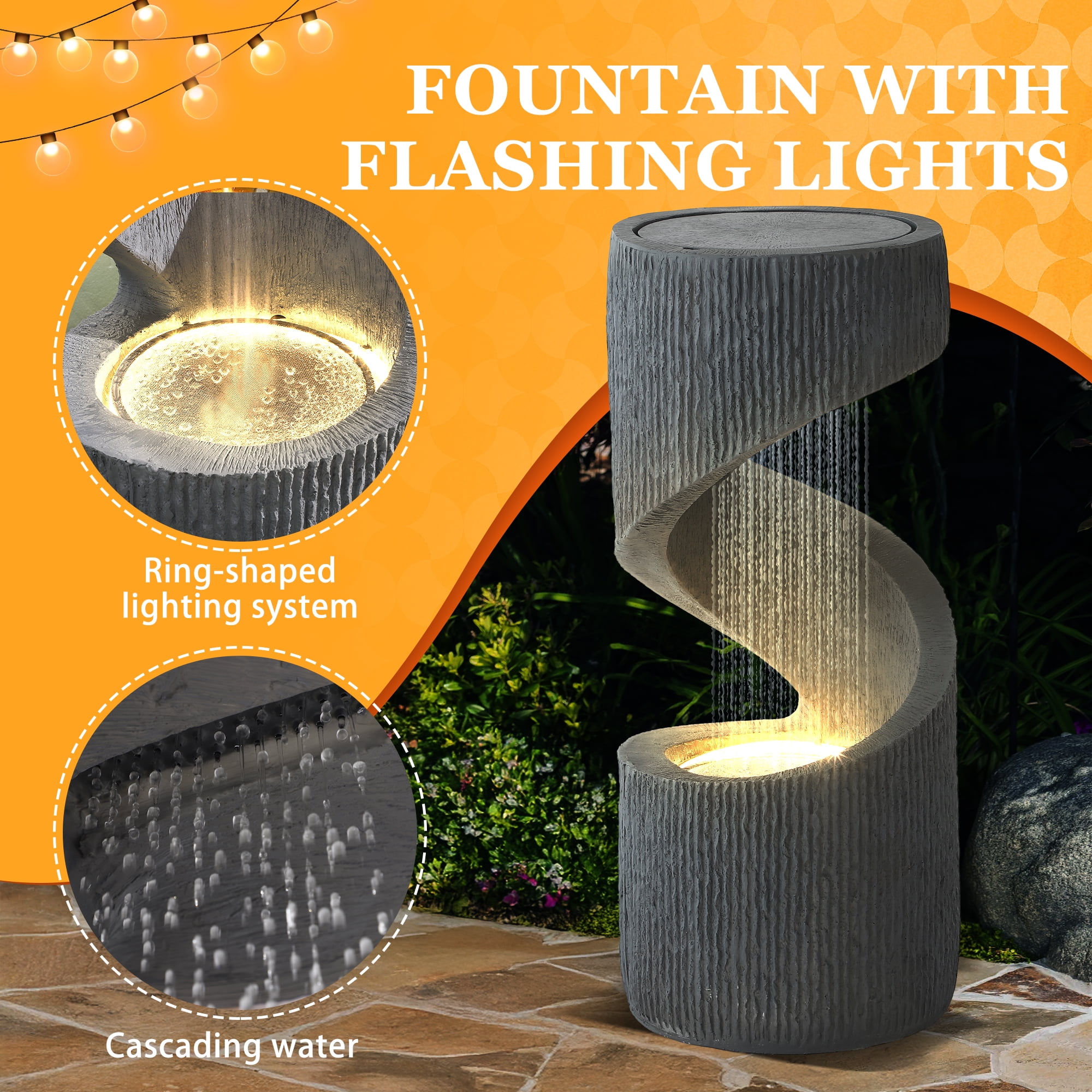 Haverchair 31.9" Outdoor Water Fountain with LED Light, Large Spiral Fountains Curved Garden Fountain, Modern S-Shaped Freestanding Waterfall for Garden, Patio, Backyard, Deck, Porch and Home Decor