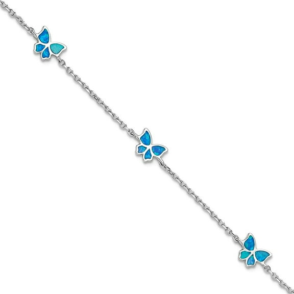 7mm 925 Sterling Silver Rhodium Plated Blue Created Opal Butterflies Plus .5in Extension Anklet Le 9 Inch Anklet for Wom