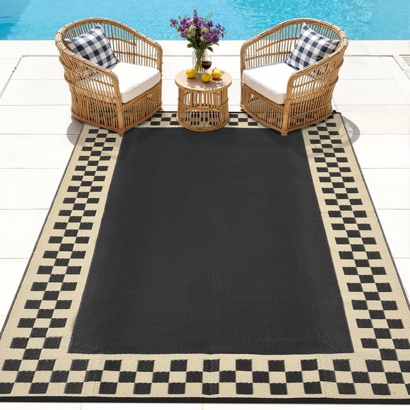 HIWEAVER 8' x 10' Black/Brown Outdoor Rug PP Plastic Straw Woven Waterproof Patio Rug with Border Portable Outside Carpet for Balcony Deck Picnic Garden Decor