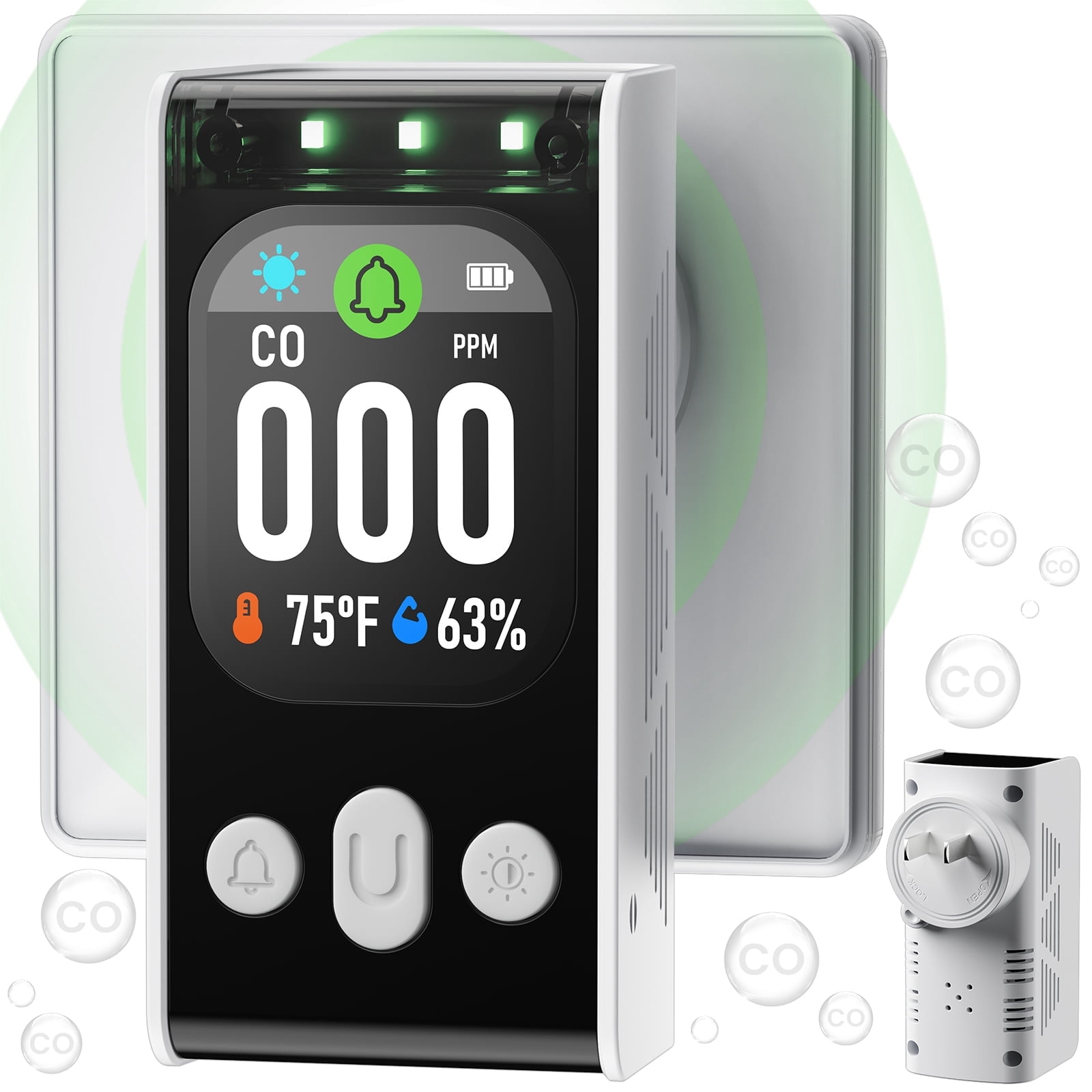 Povlen 3 in 1 Plug-in Indoor Air Quality Monitor with C O Level Display, Temperature & Humidity Reading, Digital C O Monitor for Home & Office