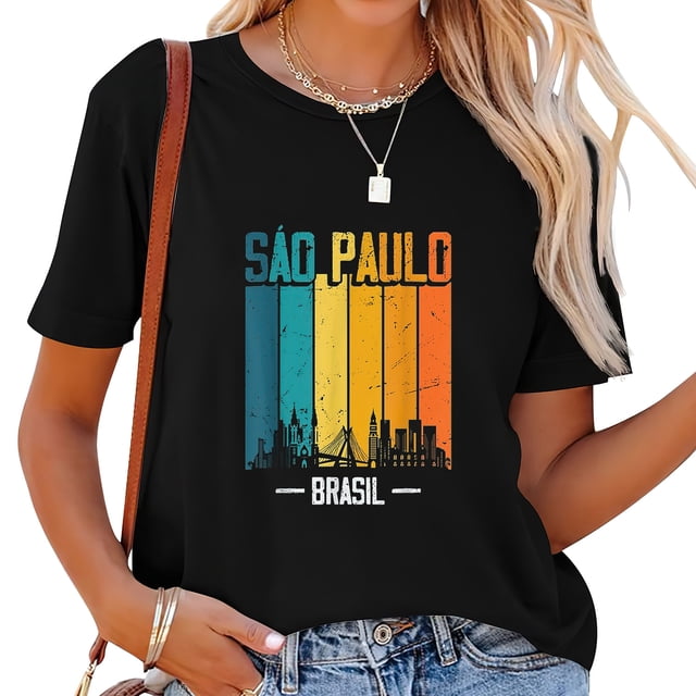 Playera para Mujer Sao Paulo Brasil Retro Vintage Atardecer Skyline Negro 2XL