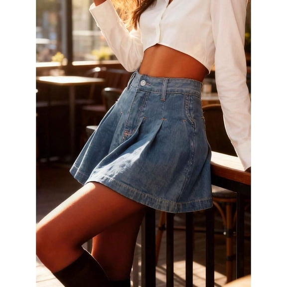 Blue Womens Medium Wash Denim Pleated High Waist Mini Skirt With Pockets