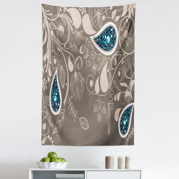 Ethnic Tapestry, Oriental Motifs with Swirled Branch and Flower Pattern Bohemian Art, Fabric Wall Hanging Decor for Bedroom Living Room Dorm, 5 Sizes, Pale Brown Teal, by Ambesonne