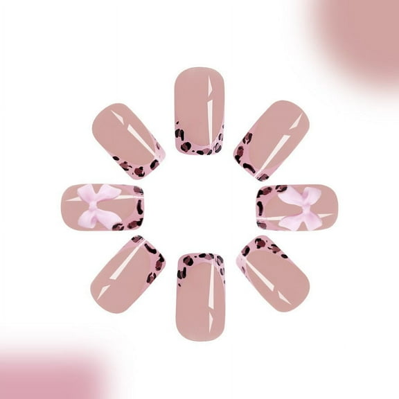 Press On Nails, False Nails, Leopard Print Bow Nail Tips, Easy To Apply and Durable Adhesive