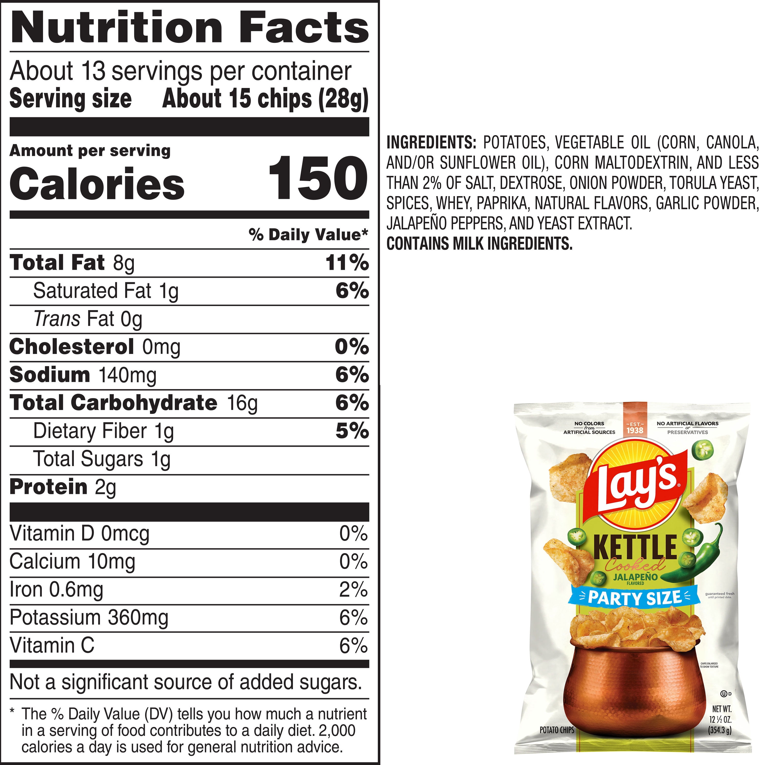 (3 pack) Lay’s Jalapeno Kettle Cooked Potato Chips Party Size Bag, 12.5 oz