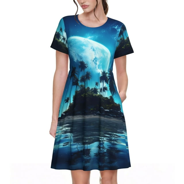 Daiia Robes de Plage Hawaïennes Imprimé Pirate Lune pour Femmes 2025 Robes à Manches Courtes Tendance Robes Maxi Décontractées Amples et Fluides