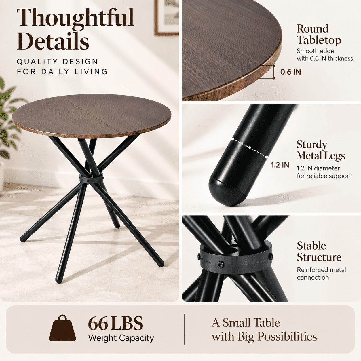 Homy Casa 31.5 in Round Dining Table for 2-4, Small Space Kitchen Table with Metal Legs, Espresso Brown